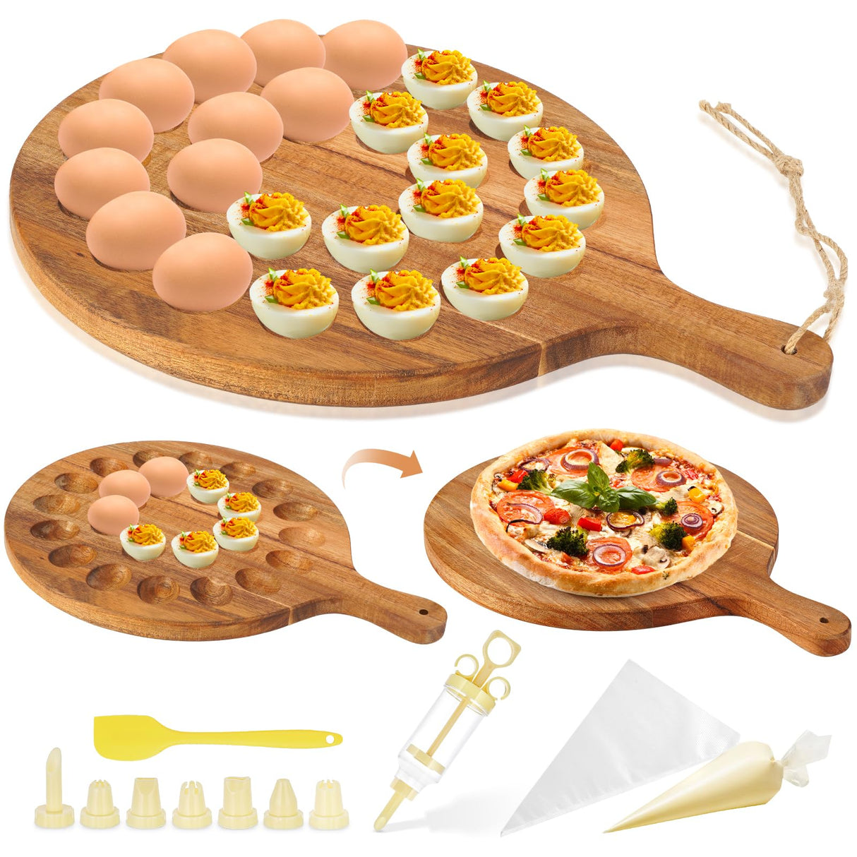 Reversible Wood Deviled Egg Platter Charcuterie Board, 24 Slots Deviled Egg Tray with Injector Piping Tool Silicone Spatula Piping Bag for Easter Party Essentials (16.7''x12.6''x0.78''. 24 slots) FACULX