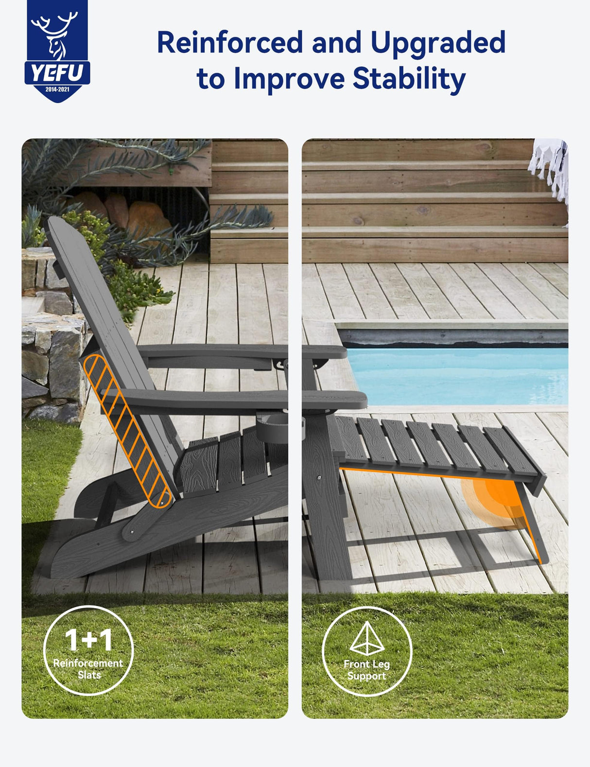 YEFU Adirondack Chair with Ottoman, Adjustable Backrest Adirondack Chairs, Folding Outdoor Fire Pit Chair with 2 Cup-Holders, Weather Resistant for Patio Lawn Outside Garden Pool, 380lbs(Grey) YEFU