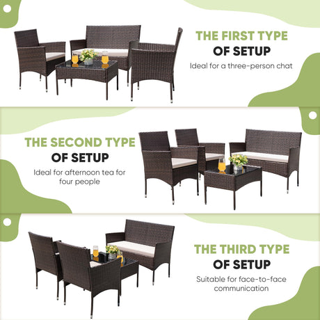 Greesum Patio Furniture 4 Pieces Conversation Sets Outdoor Wicker Rattan Chairs Garden Backyard Balcony Porch Poolside loveseat with Cushion and Glass Table, Brown and Beige Greesum