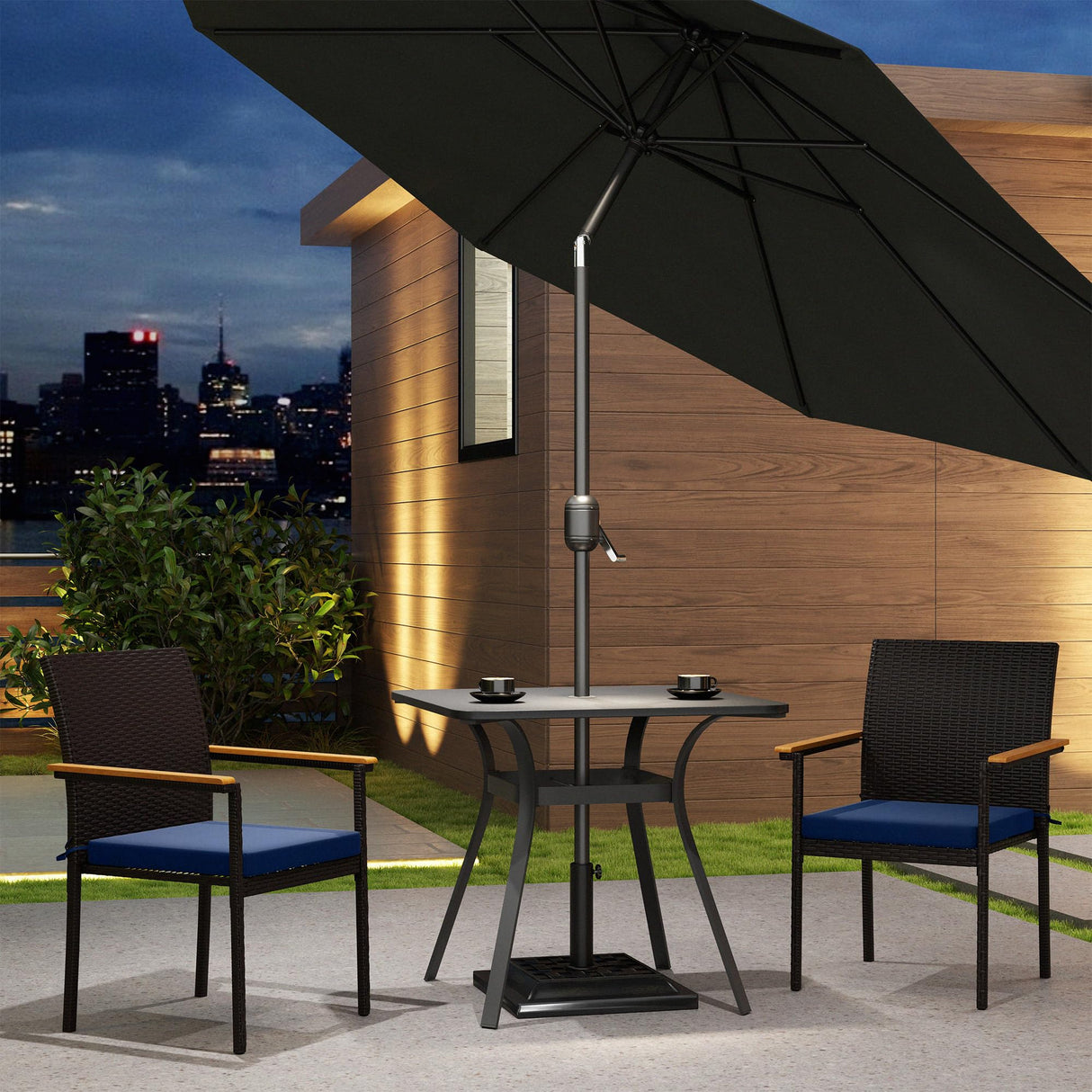 Outsunny Wicker Outdoor Dining Chairs Set of 2, Stackable PE Rattan Patio Dining Chairs with Cushions and Acacia Wood Armrests for Deck, Garden, 353 LBS Capacity, Navy Blue Outsunny