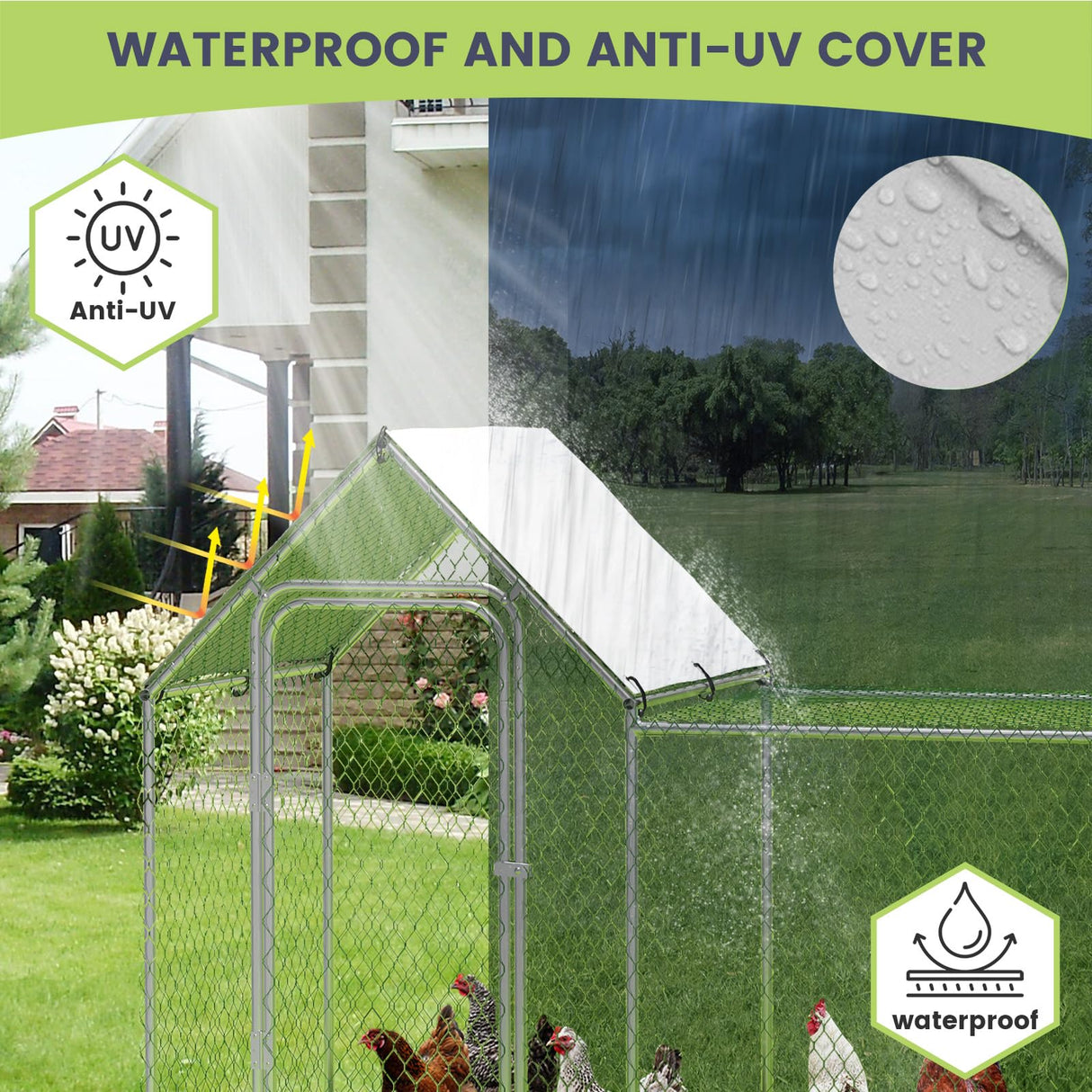 VerisShade Metal Chicken Coop, Large Chicken Run for 6/10 Chickens, Walk-in Chicken Coop for Yard Poultry Cage with Waterproof and Anti-Ultraviolet Cover for Rabbits Duck Outdoor,10' W x 3.3' D x 5' H VerisShade