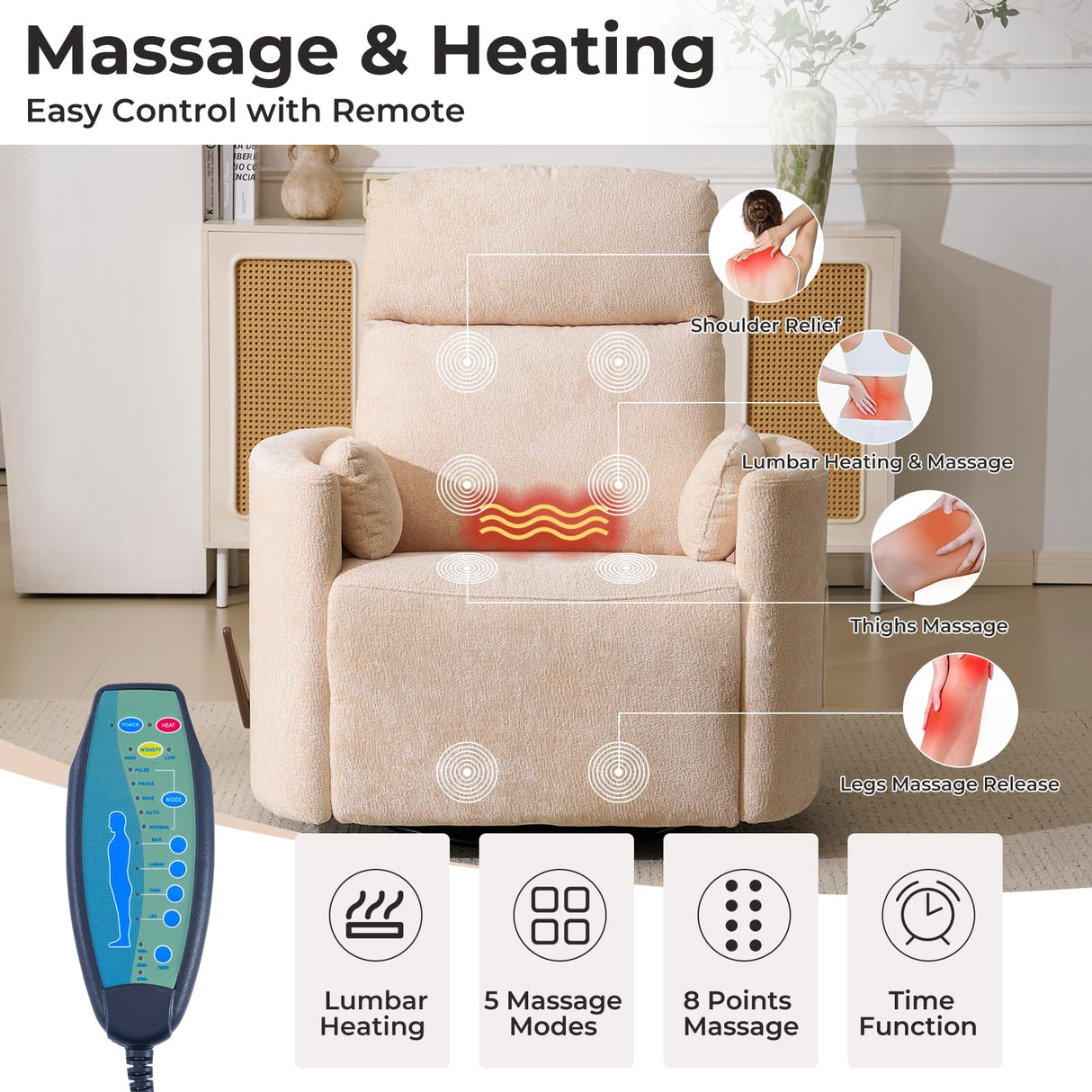 Oversized Swivel Rocker Recliner with Massage and Heat, 26" Swivel Nursery Recliner With Adjustable Headrest, Manual Rocker Recliner Chair with Two Removable Pillows, High Back Barrel Armchair, Beige Rhevoy