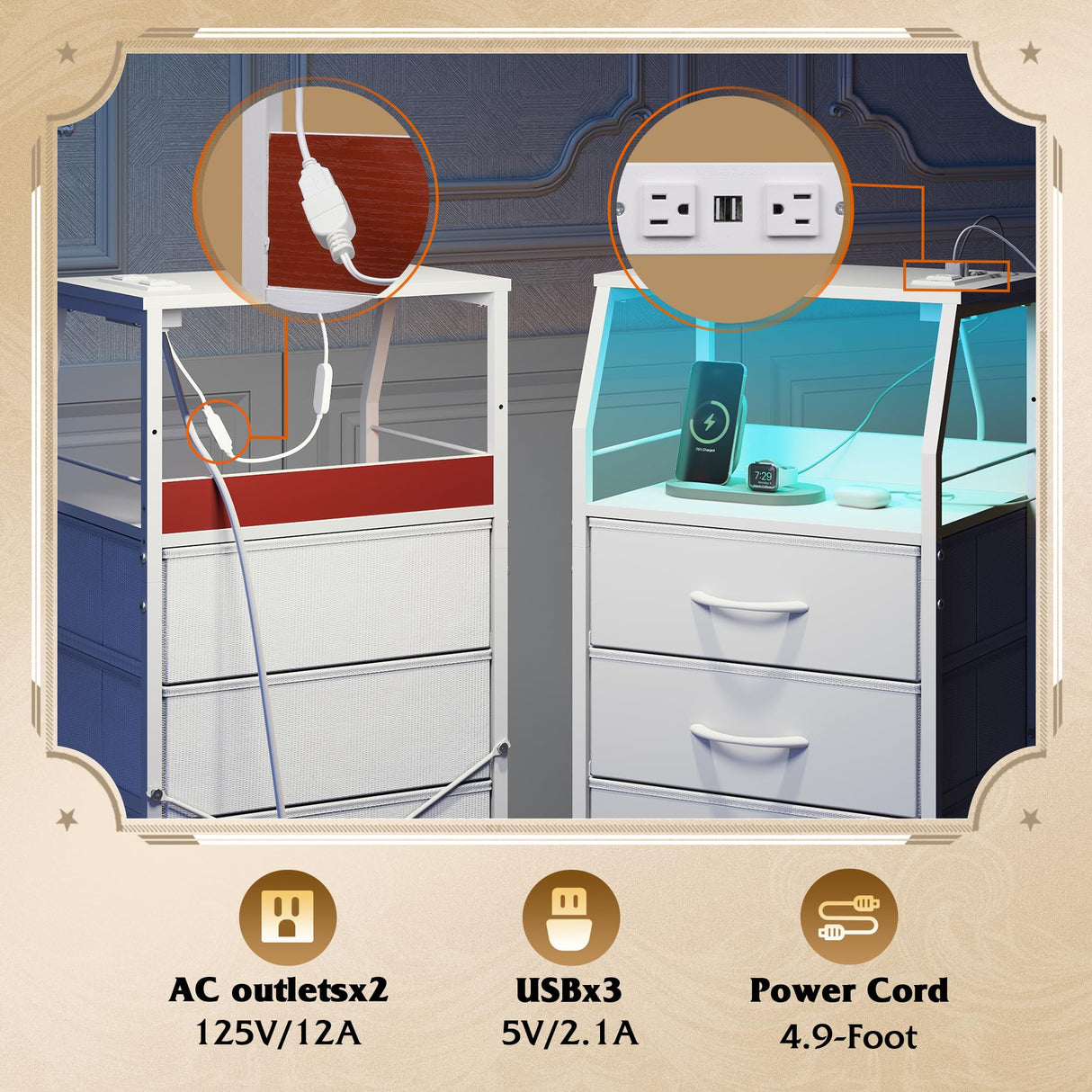 WLIVE Night Stand Set of 2 with Charger Station, White Nightstand Sets with LED Light and 4 Storage Drawers, Tall Dressers for Bedroom, Bedside Table Set with Fabric Bins, Wood Shelf, Metal Frame WLIVE