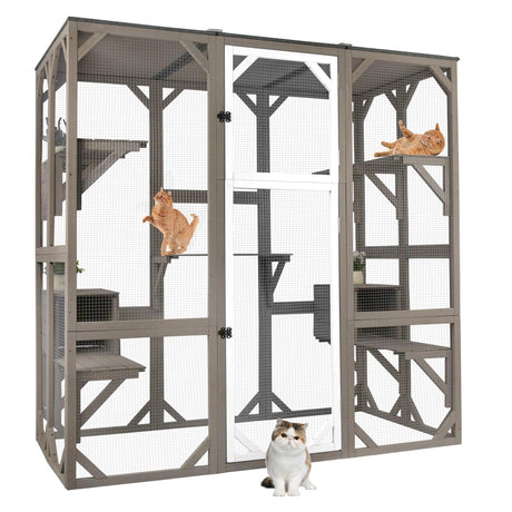 PetsCosset 71" Catio Outdoor Cat Enclosure, Large Wooden Outdoor Cat House Kitty Catio Enclosure for Indoor Cats, Outdoor Catio Weatherproof Attached to Window Catio for Cats, 7Platforms-71 H PetsCosset