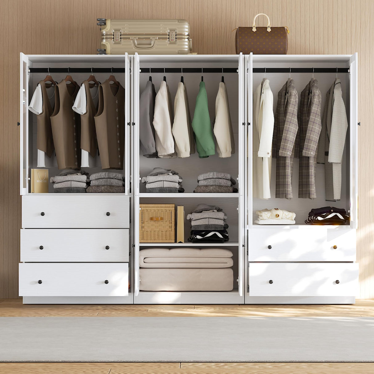 VOWNER 20“D Armoire Wardrobe Closet with Fluted Glass, 71" H Clothing Storage Cabinet with Hanging Rod, 4 Soft-Close Doors Wooden Wardrobe Cabinet for Bedroom, Large Capacity Storage White (AAC) VOWNER