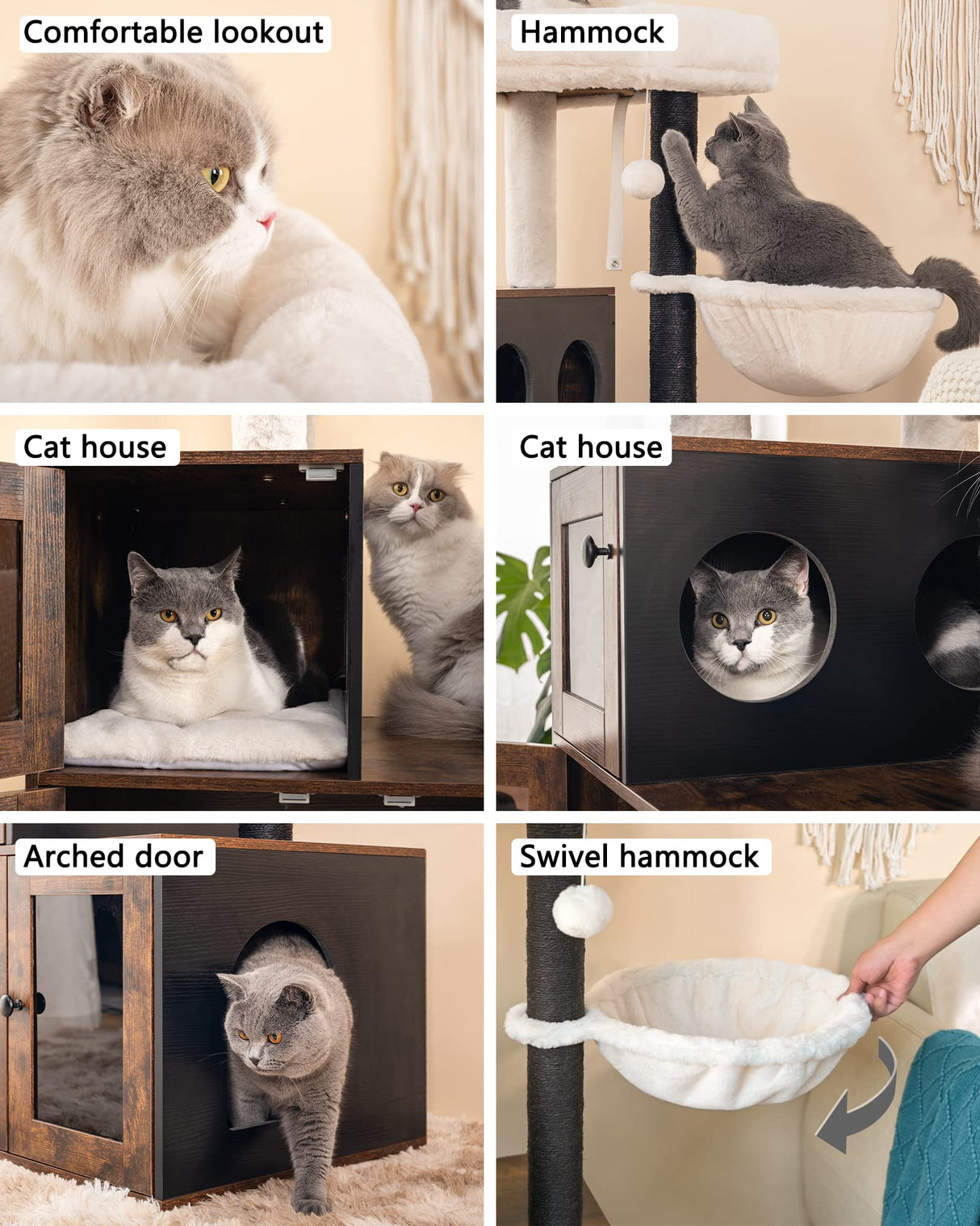 Fourfurpets Multipurpose Litter Box Enclosure with Cat Tree, Acrylic Doors and Windows, with Large Platform, Cat House, Full Sisal Posts, Removable Washable Cushion, Rustic Brown FourFurPets