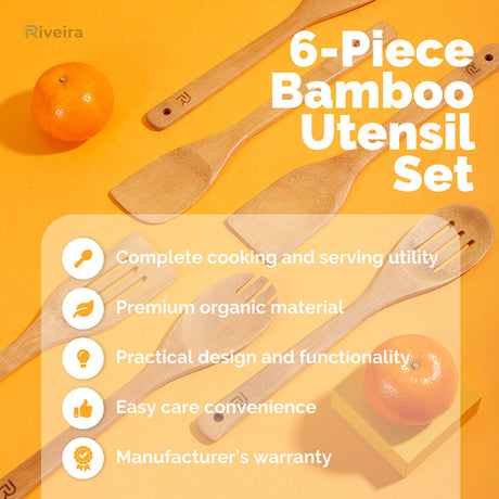 Riveira Bamboo Wooden Spoons for Cooking 6-Piece, Apartment Essentials Wood Spatula Spoon Nonstick Kitchen Utensil Set Premium Quality Housewarming Gifts for Everyday Use Riveira