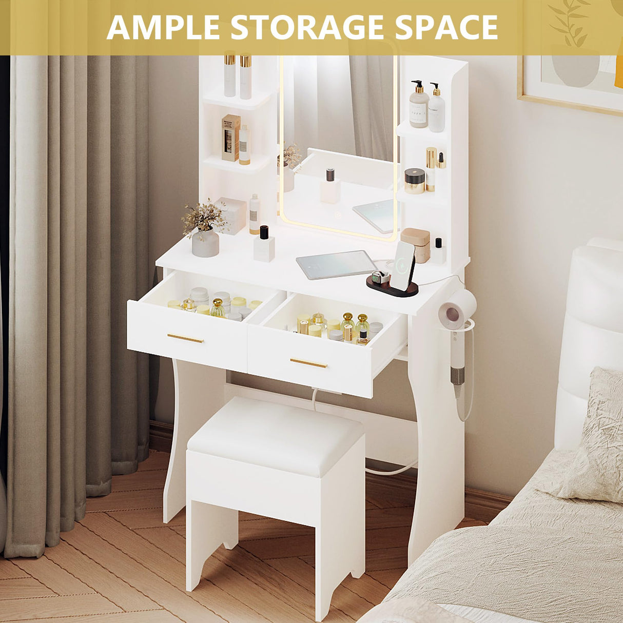 Vanity Desk with LED Lights Mirror & Power Outlet, Small Makeup Vanity Table Set with Storage Drawers & Chair, 3 Lighting Modes & Adjustable Brightness, Dressing Table for Women Girls Bedroom, White Xixini