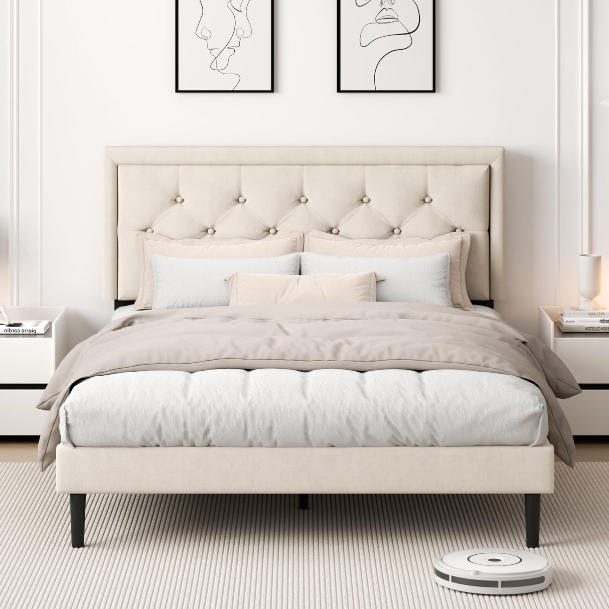 CXVX Queen Size Platform Bed Frame with Upholstered Velvet Button Tufted Headboard, Mattress Foundation with Wooden Slat Support, No Box Spring Needed, Easy Assembly, Noise Free, Beige CXVX