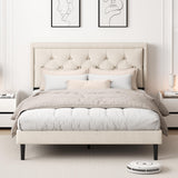 CXVX Queen Size Platform Bed Frame with Upholstered Velvet Button Tufted Headboard, Mattress Foundation with Wooden Slat Support, No Box Spring Needed, Easy Assembly, Noise Free, Beige CXVX