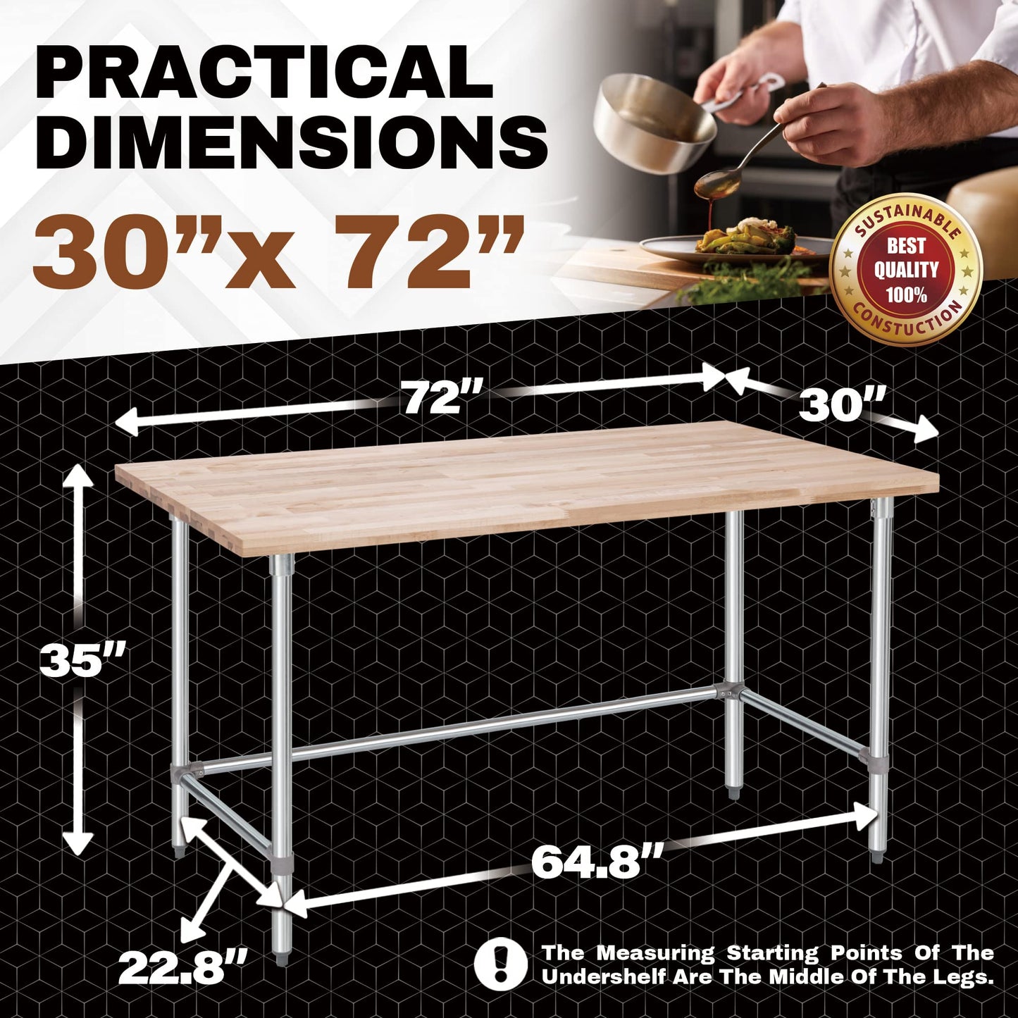 US Maple Top Work Table - 30 x 72 x 35 Inch Commercial Butcher Block Wooden Workbench with Open Base Stabilizing Leg Cross Braces - Fits Restaurant, Warehouse, Home, Kitchen, Garage by DuraSt - WoodArtSupply