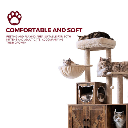 EnHomee Cat Litter Box Enclosure, Modern Cat Tree with Litter Box Enclosure, Box Hidden Furniture, Cute Cat Tower for Indoor Large Cats, Wood Cat Condo with Scratching Post and Hammock - WoodArtSupply