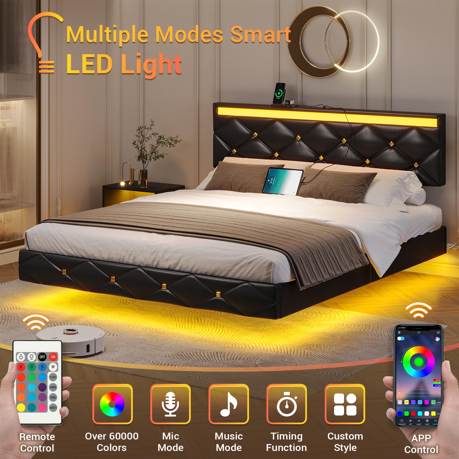 Hasuit Modern Queen Floating Bed Frame with LED Lights & Built-in Charging Station - WoodArtSupply