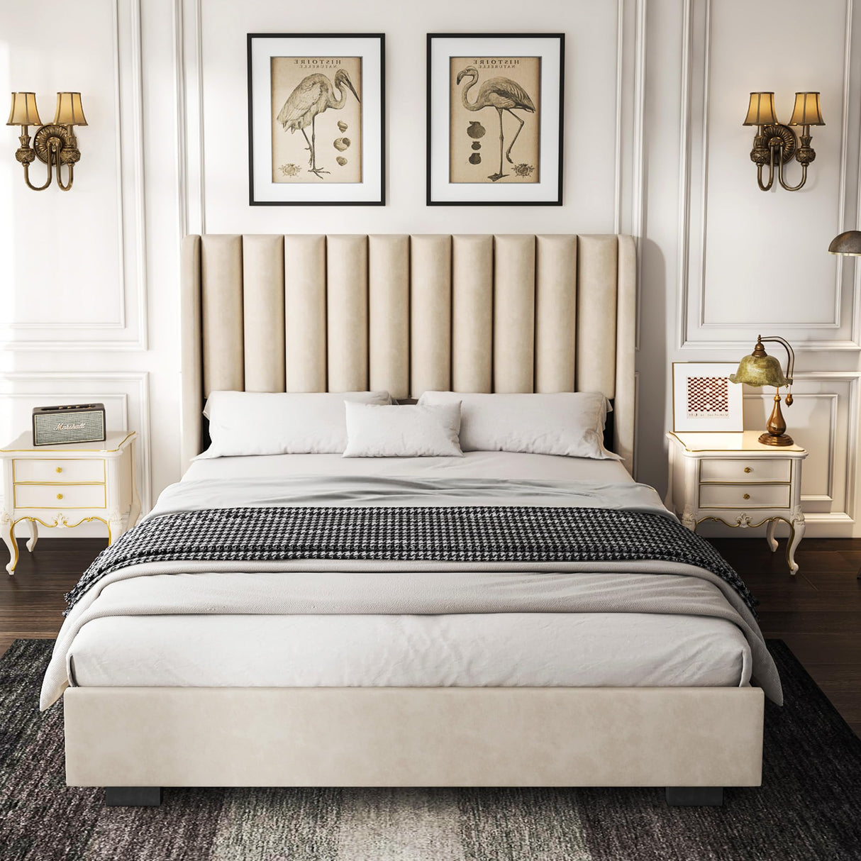 King Size Upholstered Lift Up Storage Bed Frame with 51.2" Tall Headboard, Velvet Wingback Tufted Design, Wood Slats Support, No Box Spring Required, Noise-Free Double Low Bed Frame (King,Beige) knoworld