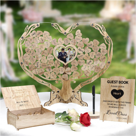 DeziWood Rustic Wedding Guest Book, Wedding Guest Book Alternative with Wooden Drop Box, Heart Wedding Decor for Party, Personalized Wedding DeziWood