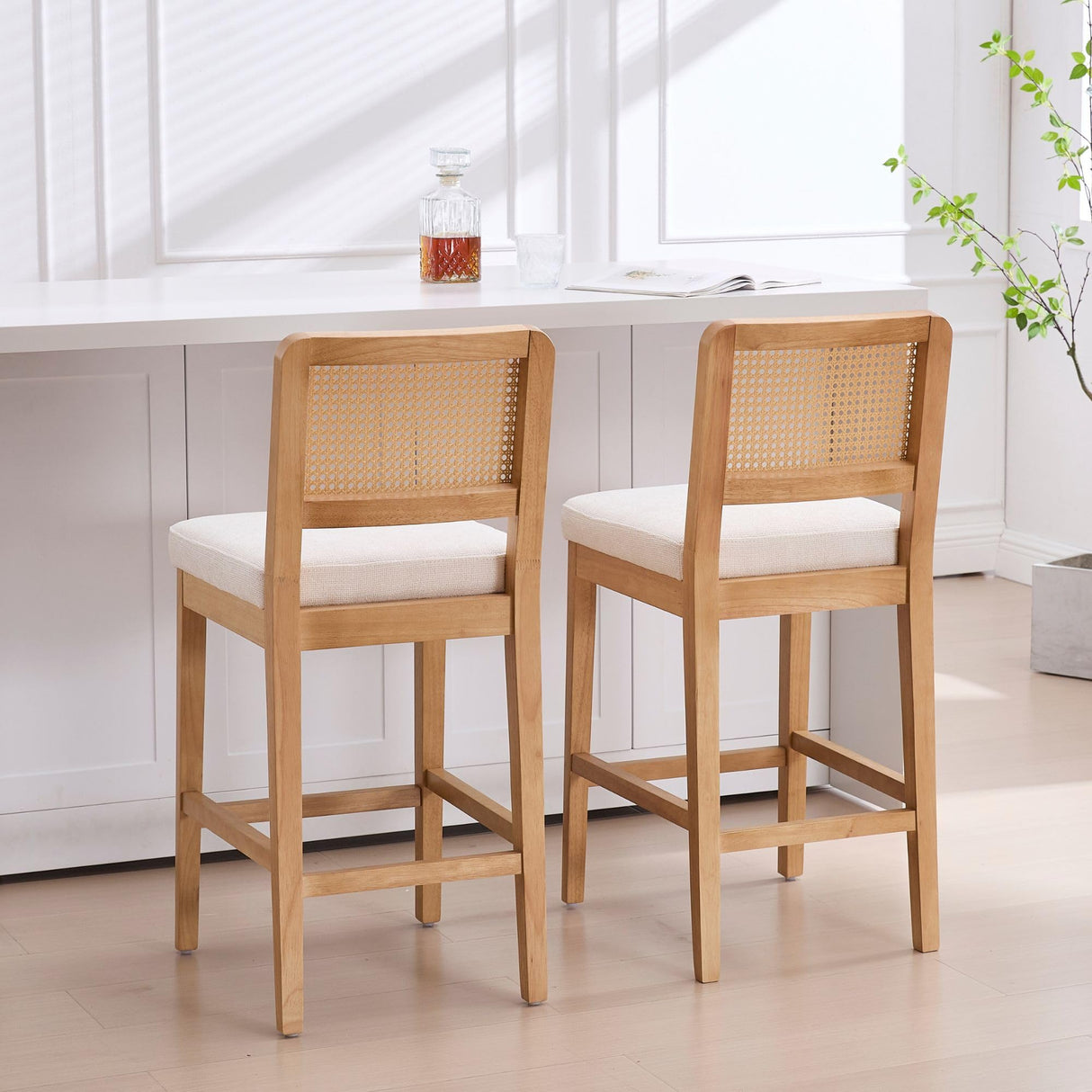 Counter Height Bar Stools Set of 2, Farmhouse Rattan Bar Stool with Back, Upholstered Wooden Barstools Mid Century Modern Breakfast Bar Chairs for Kitchen Island, Chenille Beige WAHSON OFFICE CHAIRS