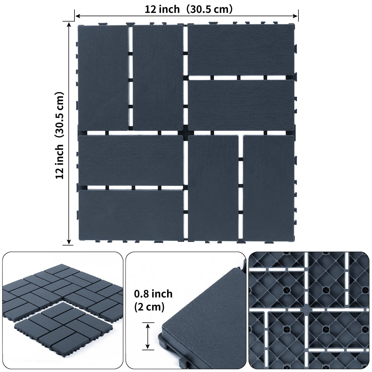 Plastic Interlocking Deck Tiles (44 PCS), 12x12 Inches Waterproof Outdoor Patio Flooring, Easy Snap Balcony Floor Tiles for Garden, Poolside, Backyard, Pathway, Indoor Use, Dark Grey, Grid Pattern Generic