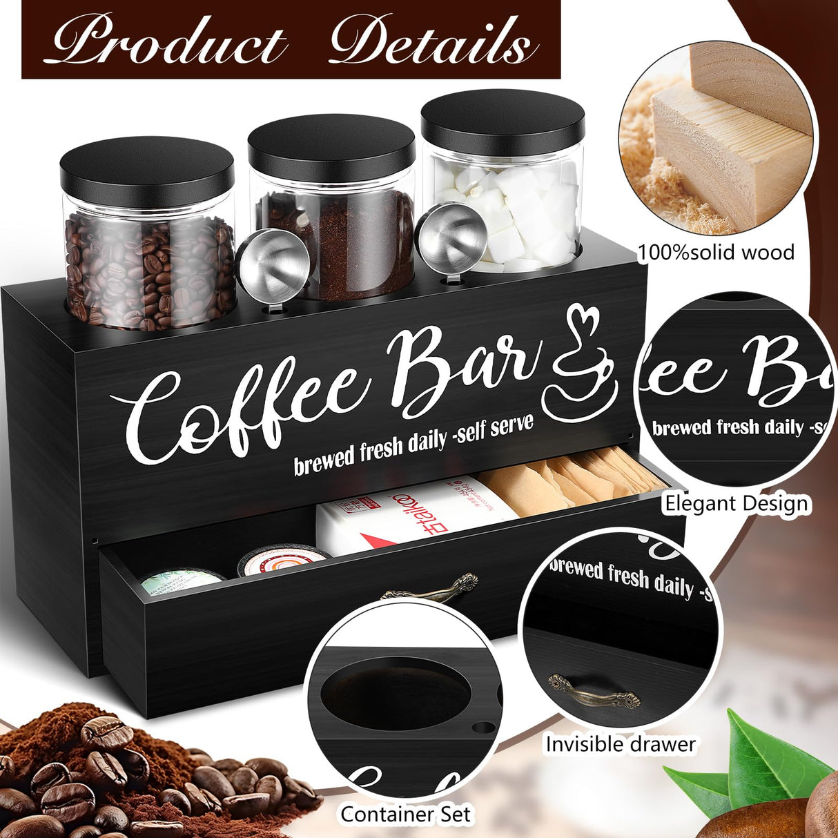 Skybooly 3 Pcs Coffee Canister Set with Shelf and Spoon Plastic Coffee Bean Storage Container with Lids Coffee Storage Box with Drawer Food Storage Jars for Coffee Bar Kitchen (Black) Skybooly