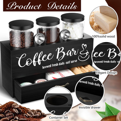 Skybooly 3 Pcs Coffee Canister Set with Shelf and Spoon Plastic Coffee Bean Storage Container with Lids Coffee Storage Box with Drawer Food Storage Jars for Coffee Bar Kitchen (Black)