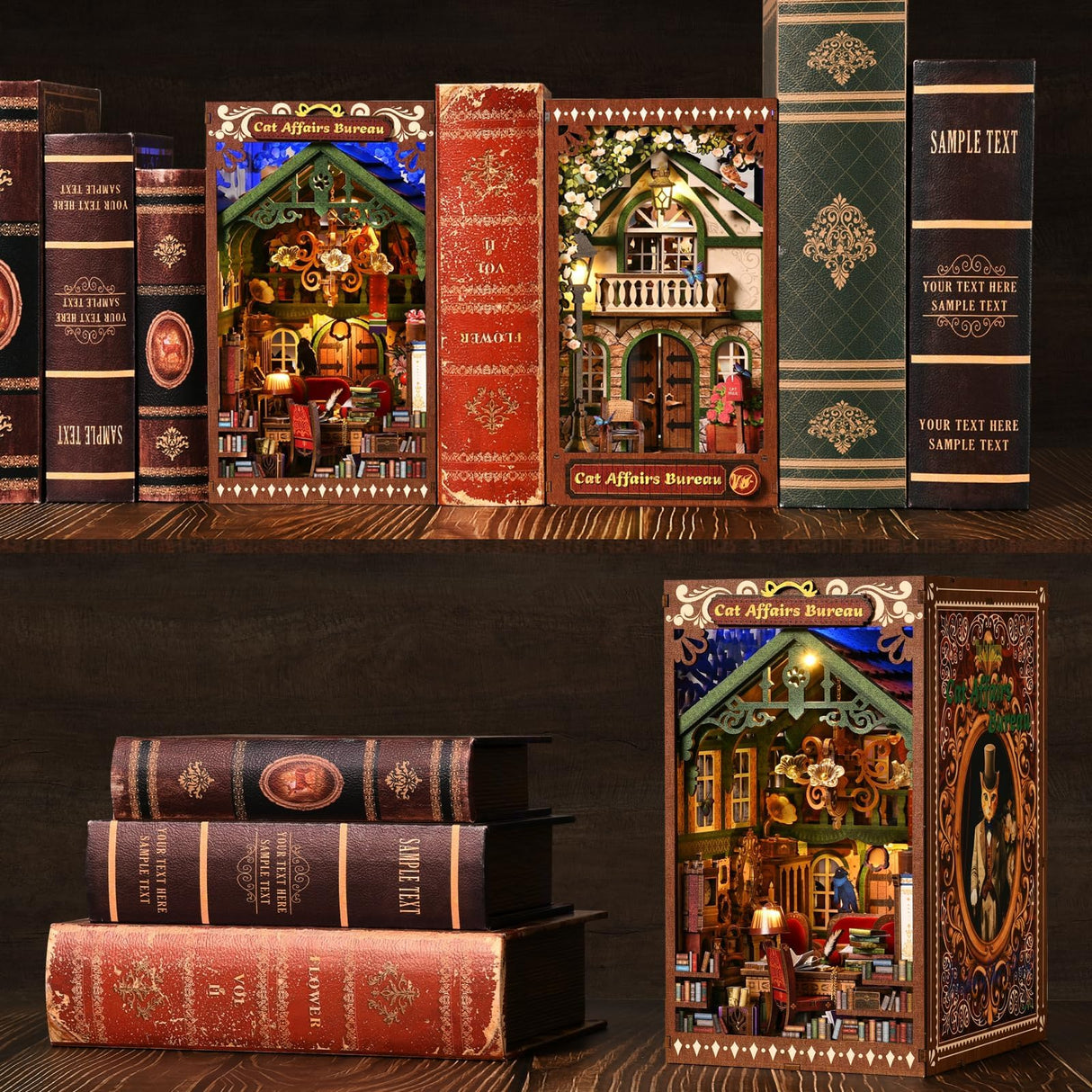 TOYQI DIY Book Nook Kit, Book Nook Kits for Adults, 3D Wooden Puzzle Dollhouse Booknook Bookend, Miniature Model Building Bookshelf Insert Alley - Cat Affairs Bureau TOYQI