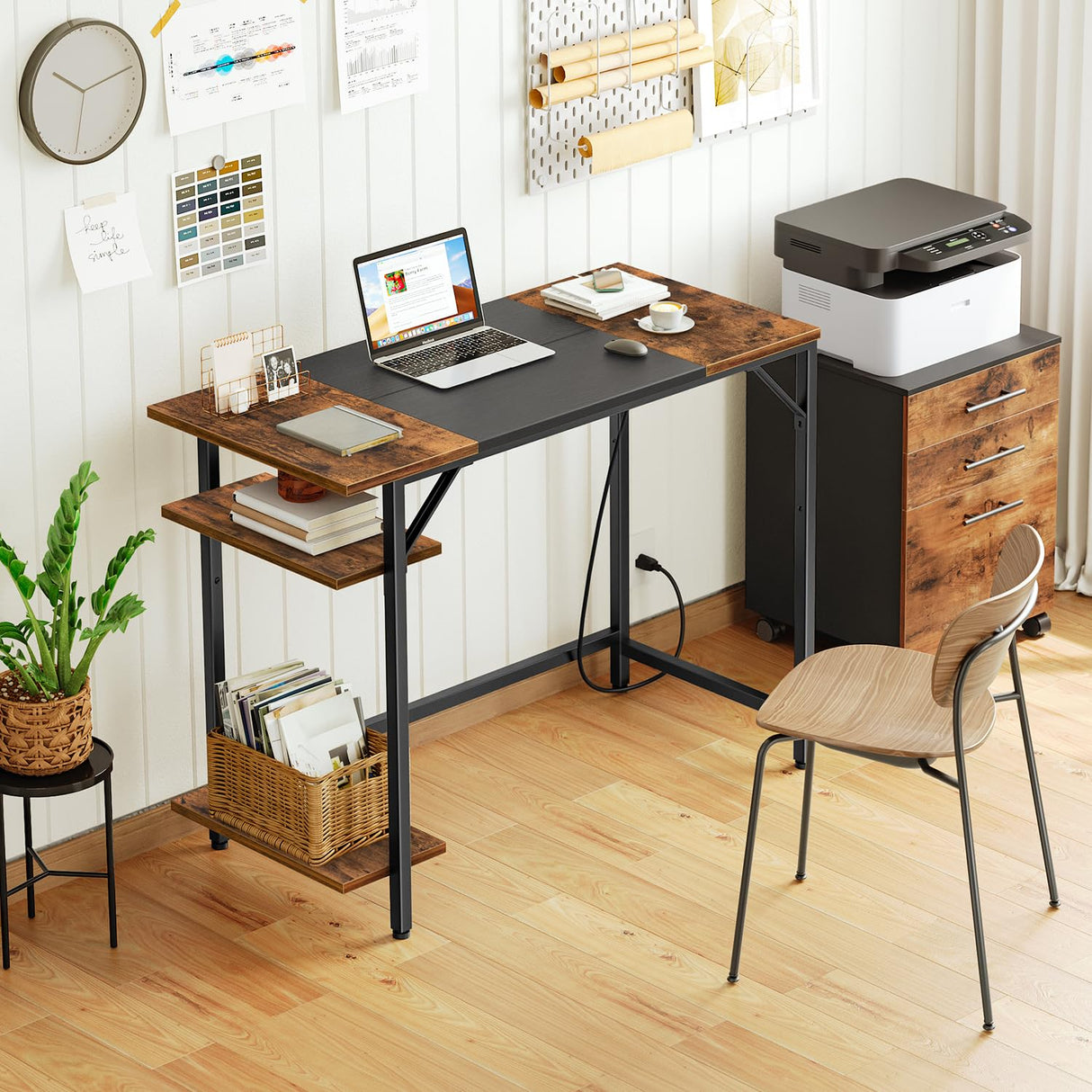 HOOBRO Computer Desk, Home Office Desk with Power Outlet, Writing Desk with 2 Shelves, Modern Small Desk for Home Office, Study, Easy to Assemble, Rustic Brown and Black BF43UDN01 HOOBRO