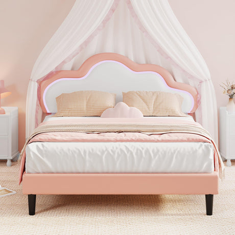 DWVO Pink Full Bed Frame with LED Light, Upholstered Bed PU Leather Adjustable Headboard, LED Platform Bed Wooden Slat Support, Easy Assembly, No Box Spring Required DWVO