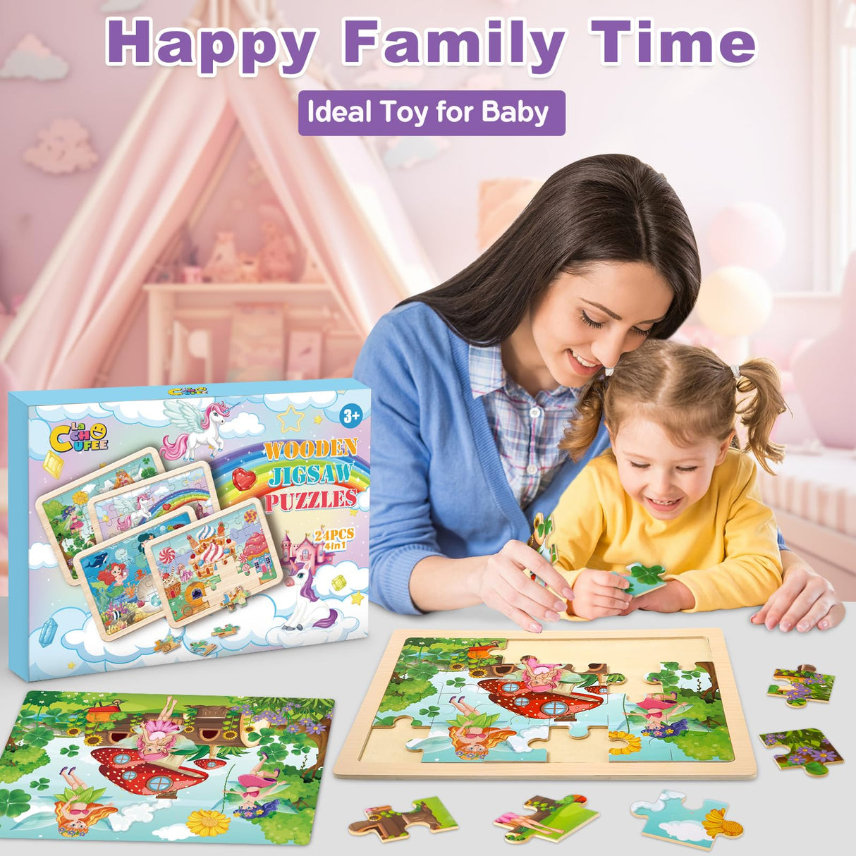 Wooden Princess Puzzles for Kids Age 3 4 5 Year Old, 4 Pack 24 Pcs Montessori Toddler Jigsaw Puzzles for Girl boy Activities Preschool Learning Educational Birthday Gift Travel Autistic Wooden Toys LACCHOUFEE