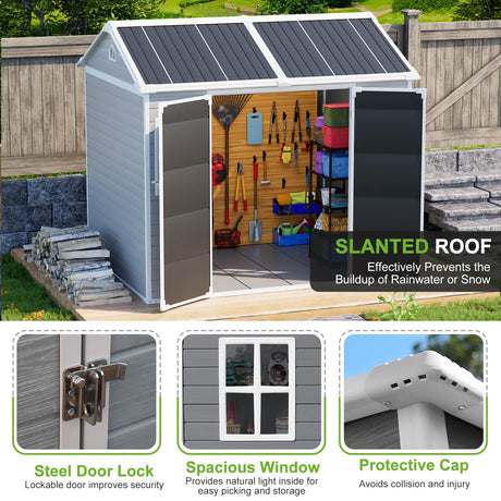 8X6 Shed Plastic Outdoor Storage with Floor & Lockable Doors, All Weather Resin Lean to Sheds with Window and Vents, Garden Tool Cabinet for Bike,Toy, Lawnmower WACASA