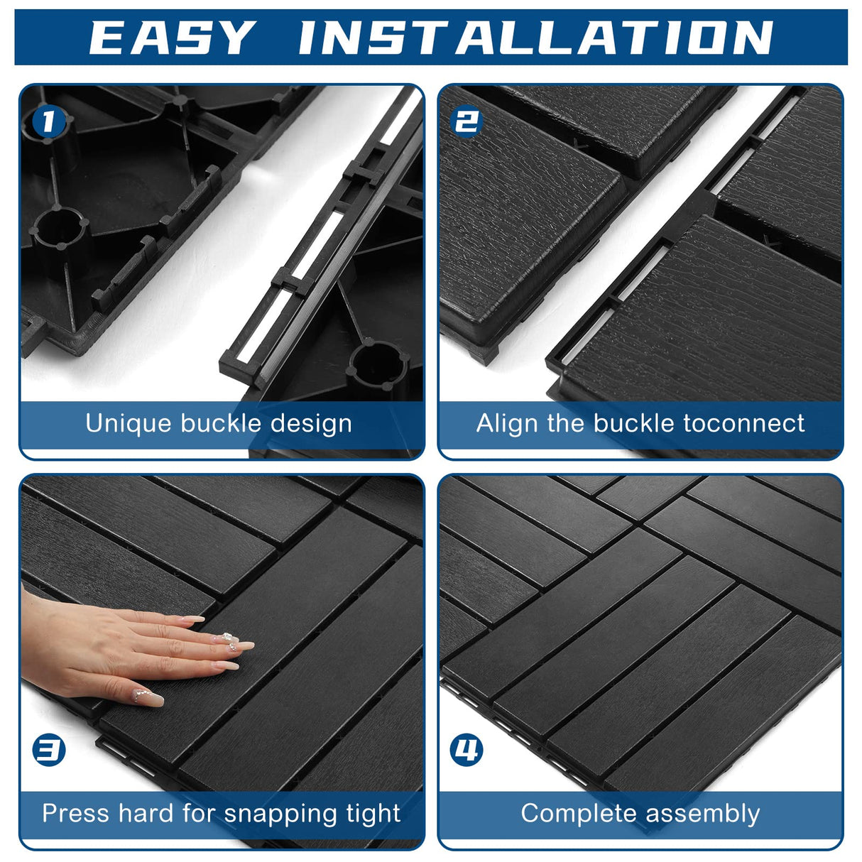 Treela 48 Pcs Plastic Interlocking Deck Tiles 12 x 12 Inch Patio Deck Tiles Waterproof Outdoor Flooring Composite Decking Boards Floor Decking Tiles for Porch Poolside Balcony Backyard (Black) Treela