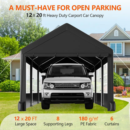 12 * 20 Heavy Duty Carport Canopy, PioneerWorks Portable Car Tent Garage with 6 Roll-up Windows and All-Season Tarp Cover, Metal Roof & 4 Sandbags for Car, SUV, Truck & Boat, Black