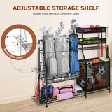 Homiesetify Garage Sports Equipment Organizer, 3 Golf Bag Organizer Stand Heavy-Duty Ball Storage Rack with Basket and Hooks, Ball Storage Cart for Toy Sports Gear Storage, Black (Large) Homiesetify