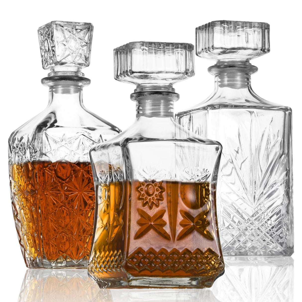 LAWADACH Whiskey Decanter Glass Liquor Decanters Set of 3, Alcohol Bottle for Tequila, Brandy and Vodka Unique Liquor Bar and Party Decorations (28oz*2, 31oz*1) LAWADACH