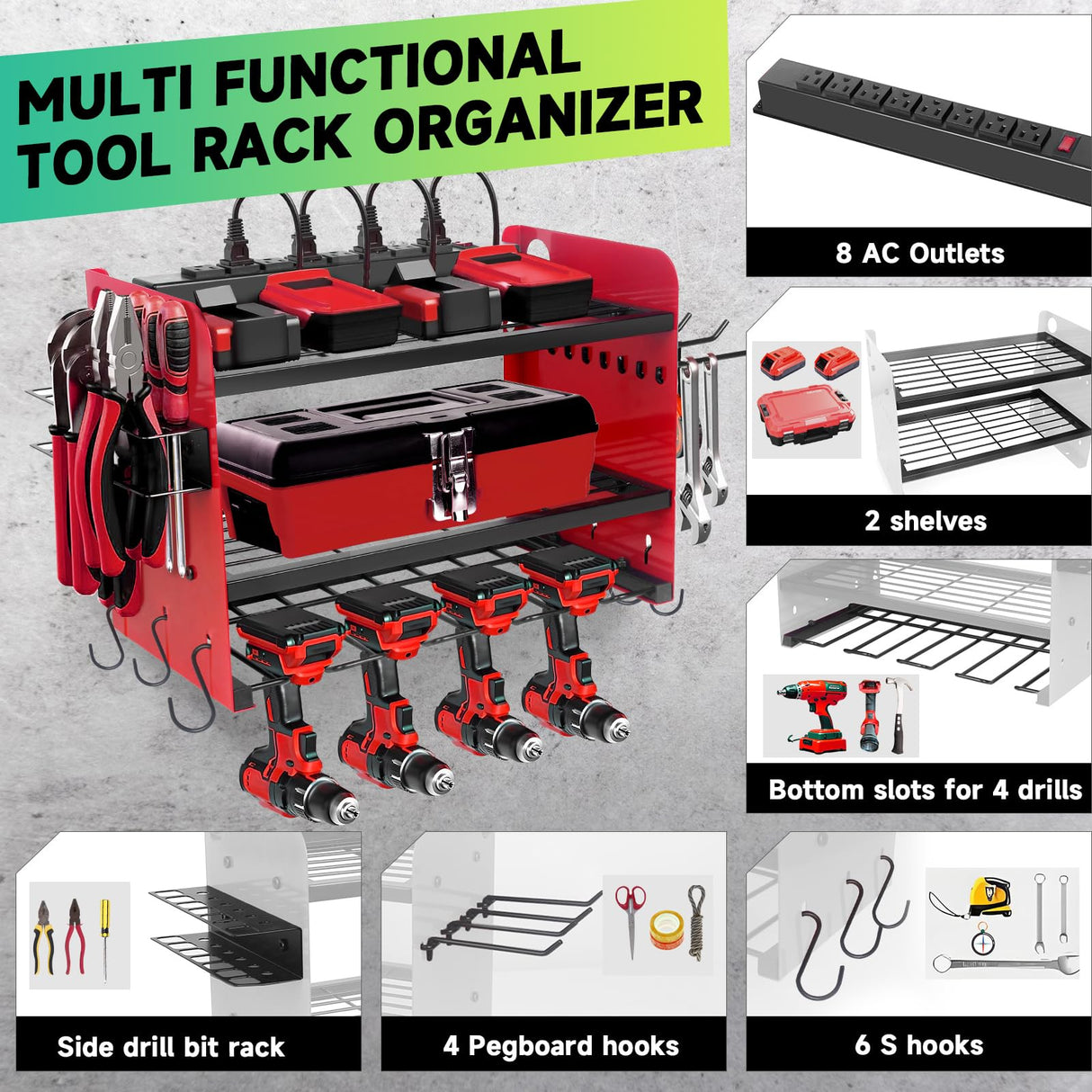 NRCUWI Garden Power Tool Organizer, Heavy Duty Tools Storage Rack Wall Mount with Charging Station, 3 Layers Yard Tool Shelf Drill Holder for Ryobi Tools - Ideal for Garage, Workshop NRCUWI