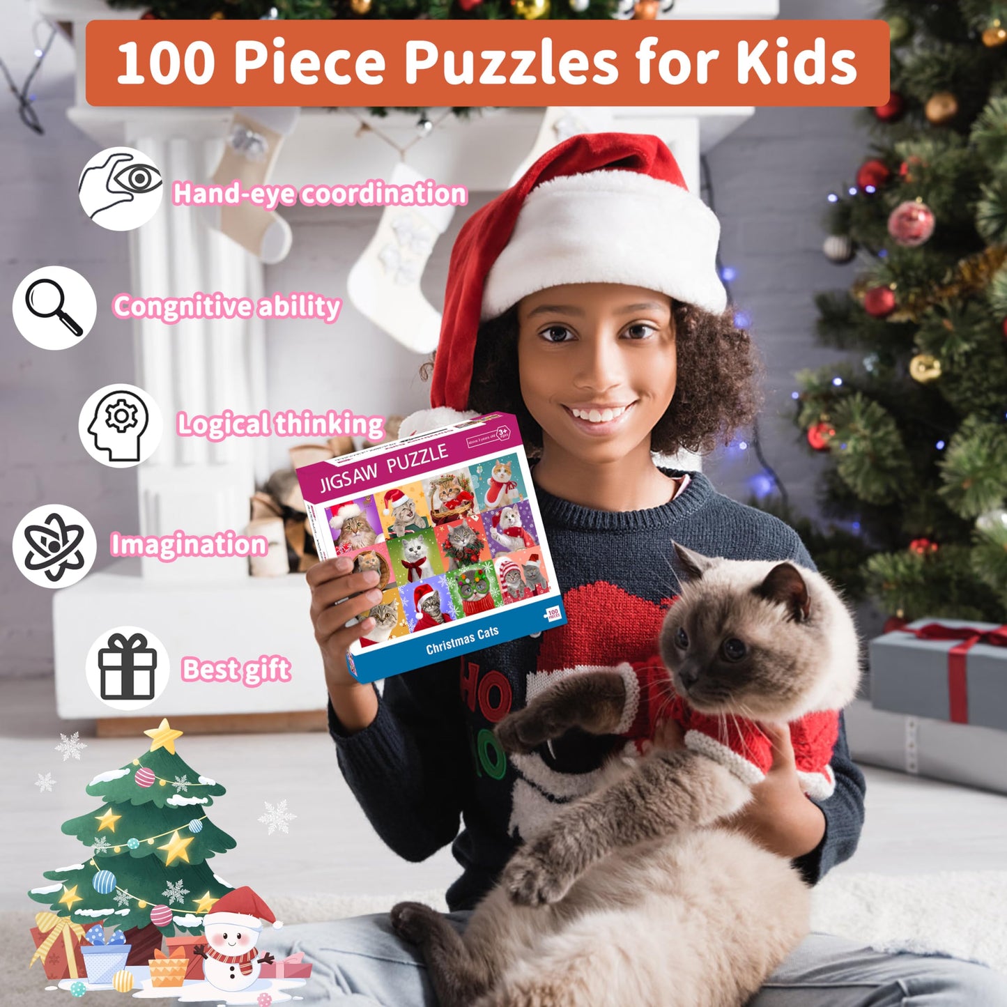 Bestbase Christmas Puzzle 100 Piece Puzzles for Kids - Christmas Cats, Multicolor Jigsaw Puzzles for Kids Ages 4-8 3-5 8-10, Stocking Stuffers Christmas Toys Cat Puzzle Kids Puzzles for Girls and Boys