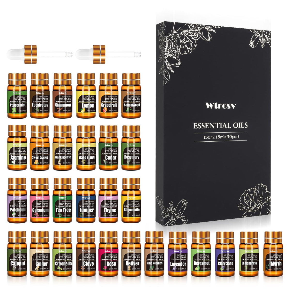 Essential Oils Set -Essential Oils - 100% Natural Essential Oils-Perfect for Diffuser, Humidifier,Aromatherapy, Massage,Skin & Hair Care,30x5 ml(0.17fl.oz Wtrcsv