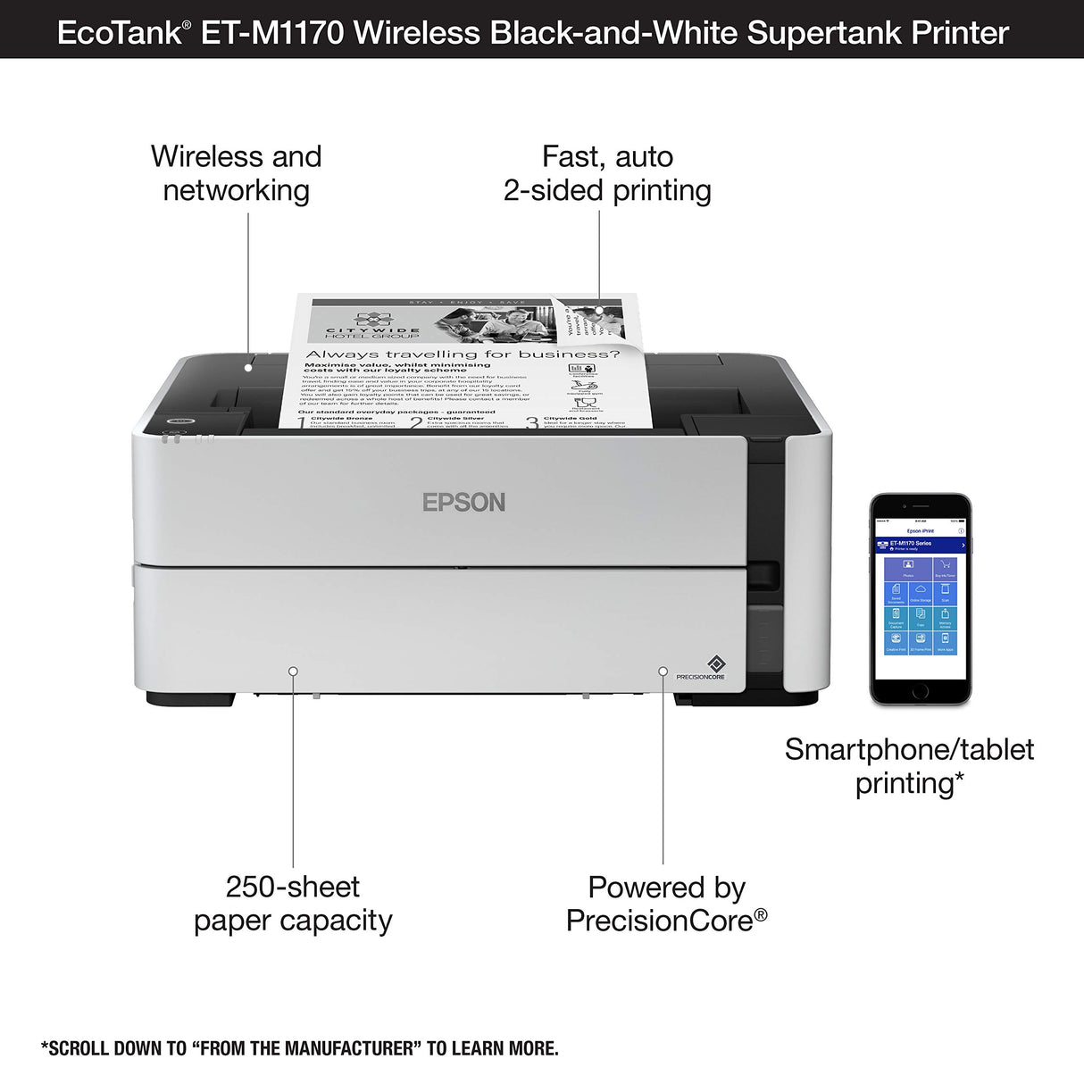 Epson EcoTank ET-M1170 Wireless Monochrome Supertank Printer with Ethernet PLUS 2 Years of Unlimited Ink*,White Epson