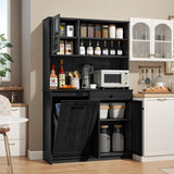 OLD CAPTAIN Tilt Out Trash Cabinet with Deodorising Function, Kitchen Hutch with Microwave Shelf and Drawer, Kitchen Pantry with Trash Cabinet for 10 Gallons, Black OLD CAPTAIN