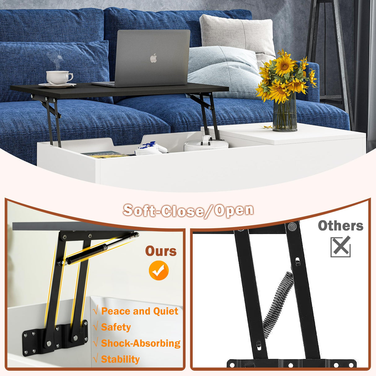 Koifuxii White Coffee Table with Black Lift Top - Modern Industrial Coffee Table with Lifting Top and Hide Compartment Storage - 40 Inch Rectangle Lift Coffee Tables for Living Room Koifuxii