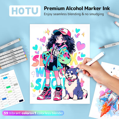 HOTU Alcohol Markers Brush Tip -60 Virant Colors Daul Tips Art Markers Set, for Artist Adults Coloring Illustrations, with Seamless Blending, Colorless Blender, Anti-Bleeding Pad, &Premium Ink HOTU