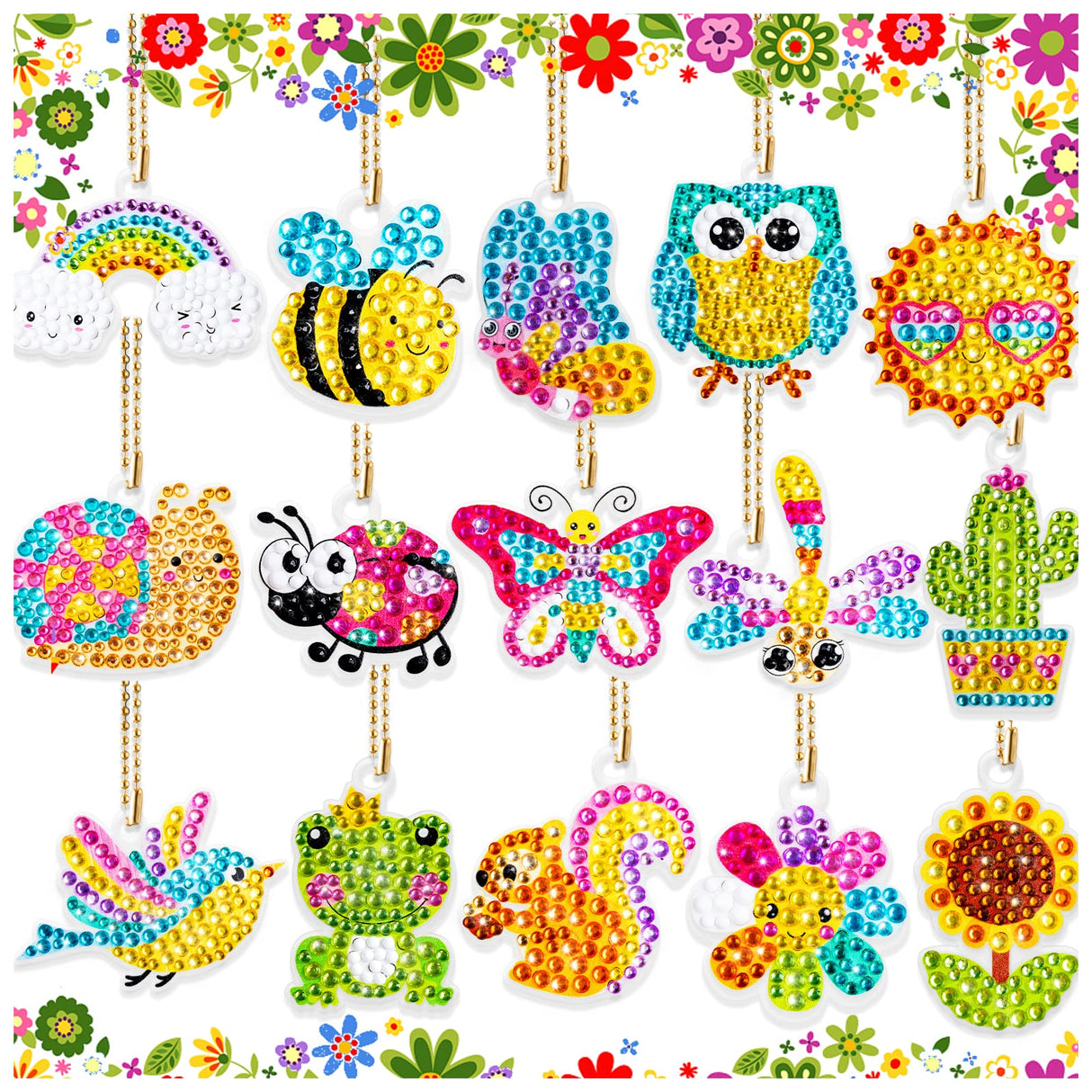 FFNIU Diamond Art for Kids, 15 Pack Diamond Art Painting Keychains, DIY Gem 5D Painting Arts and Crafts for Boys Girls Ages 6-8-12 (Garden Animals) FFNIU