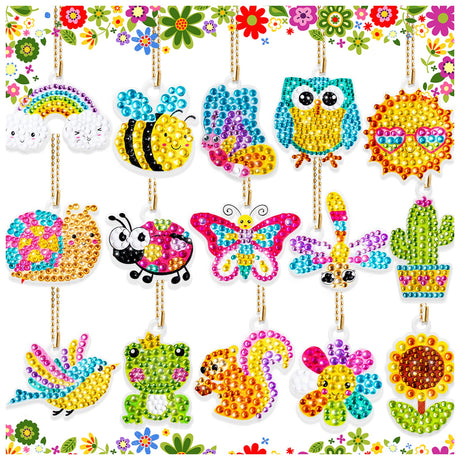 FFNIU Diamond Art for Kids, 15 Pack Diamond Art Painting Keychains, DIY Gem 5D Painting Arts and Crafts for Boys Girls Ages 6-8-12 (Garden Animals) FFNIU