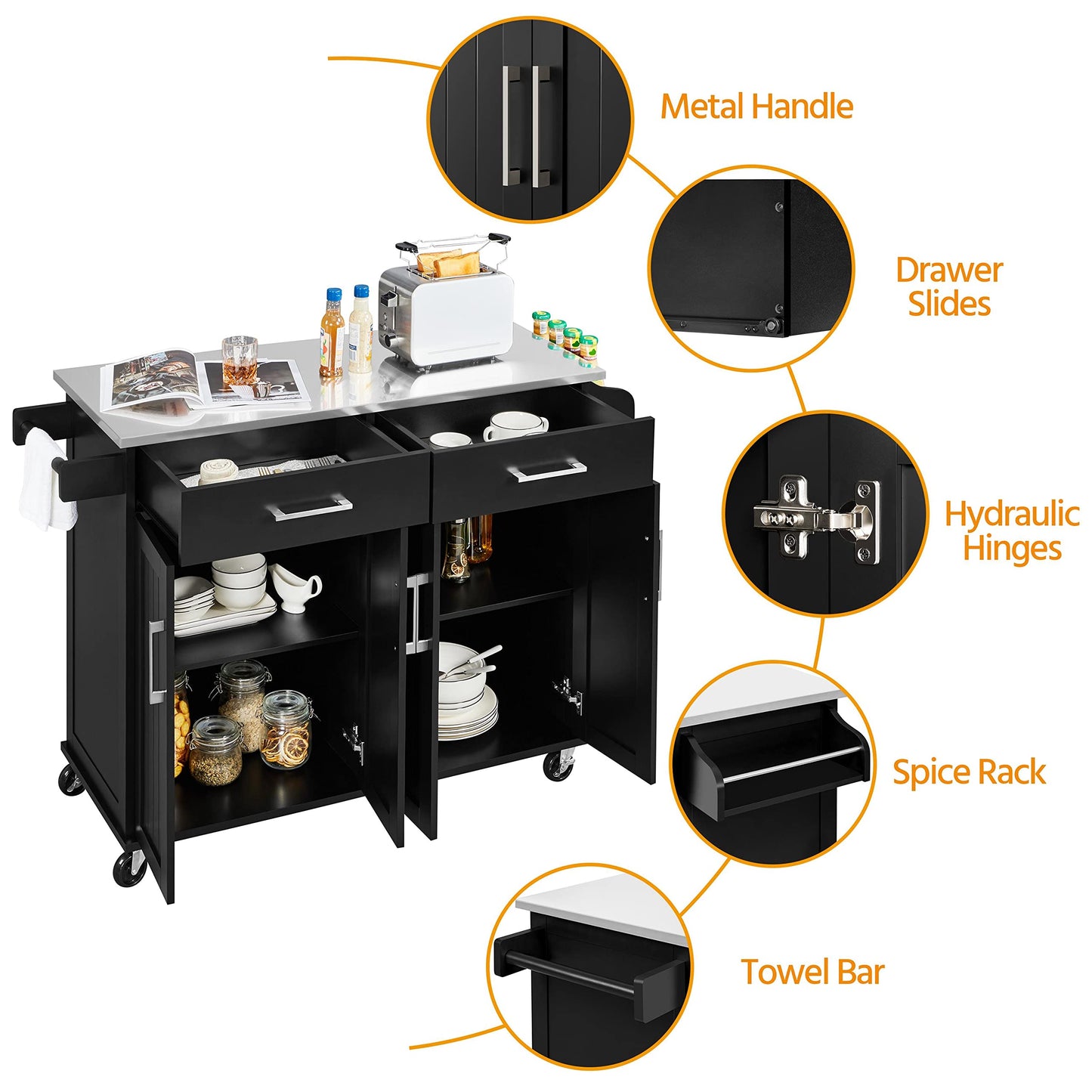 Yaheetech Rolling Kitchen Island with Stainless Steel Top, Kitchen Cart Storage Cabinet on Wheels with 2 Drawers and Inner Adjustable Shelves for Dining Room, 50.5 Inch Width, Black