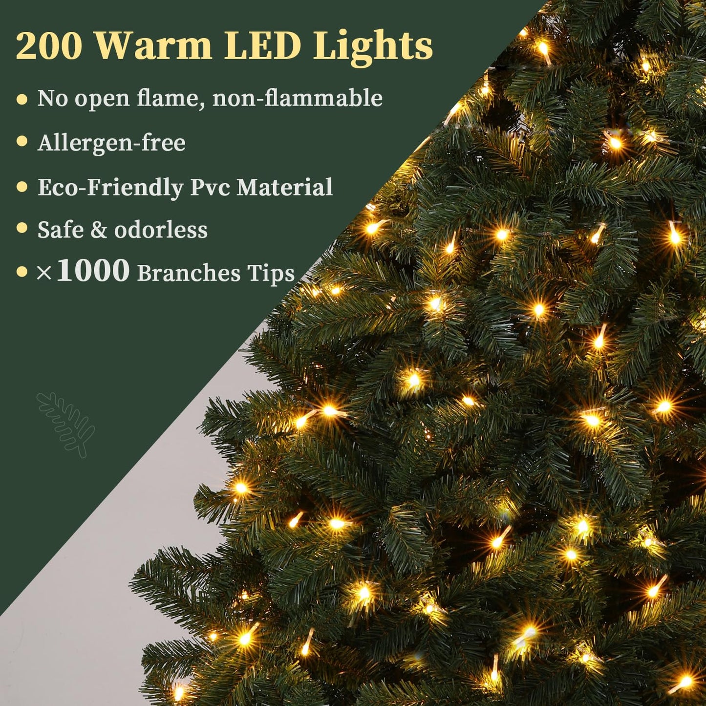 EXRACING 6.5ft Christmas Tree with 200 Warm LED Lights,Artificial Xmas Tree with 1000 Branch Tips,Holiday Party Decorations 1 Minute Christmas Tree for Home/Office/Shop Easy Assembly, Reusable