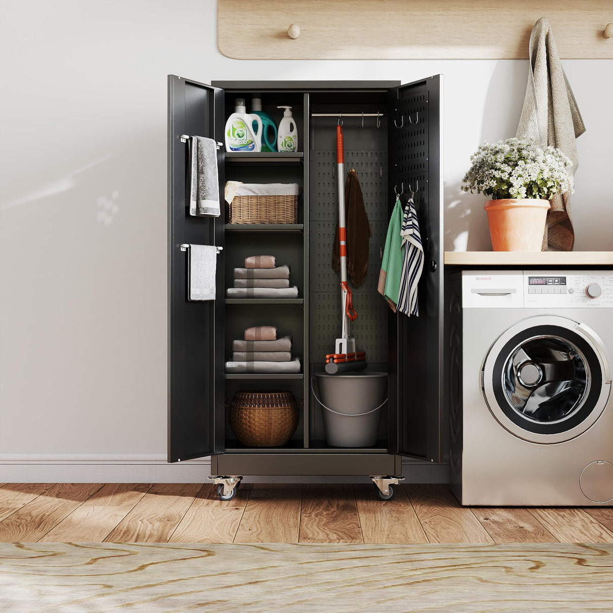 GangMei Garage Storage Cabinet with Wheels and 5 Pegboard, Broom Closet Storage Cabinet with Hanging Rod and 13 Hooks, Metal Cabinets with Locking Doors and 4 Shelves, 61.7"H x 27.6"W x 13.8"D,Black GangMei