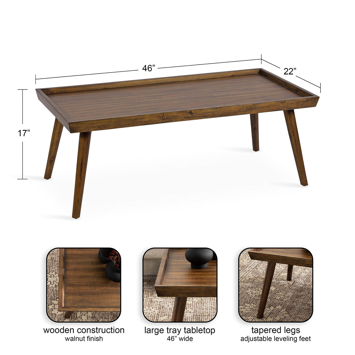 Kate and Laurel Eastmont Rectangle Wood Coffee Table; 46 x 22 x 17; Walnut Brown; Large Mid-Century Wooden Living Room Table with Stylish Tapered Legs and Adjustable Feet Kate and Laurel
