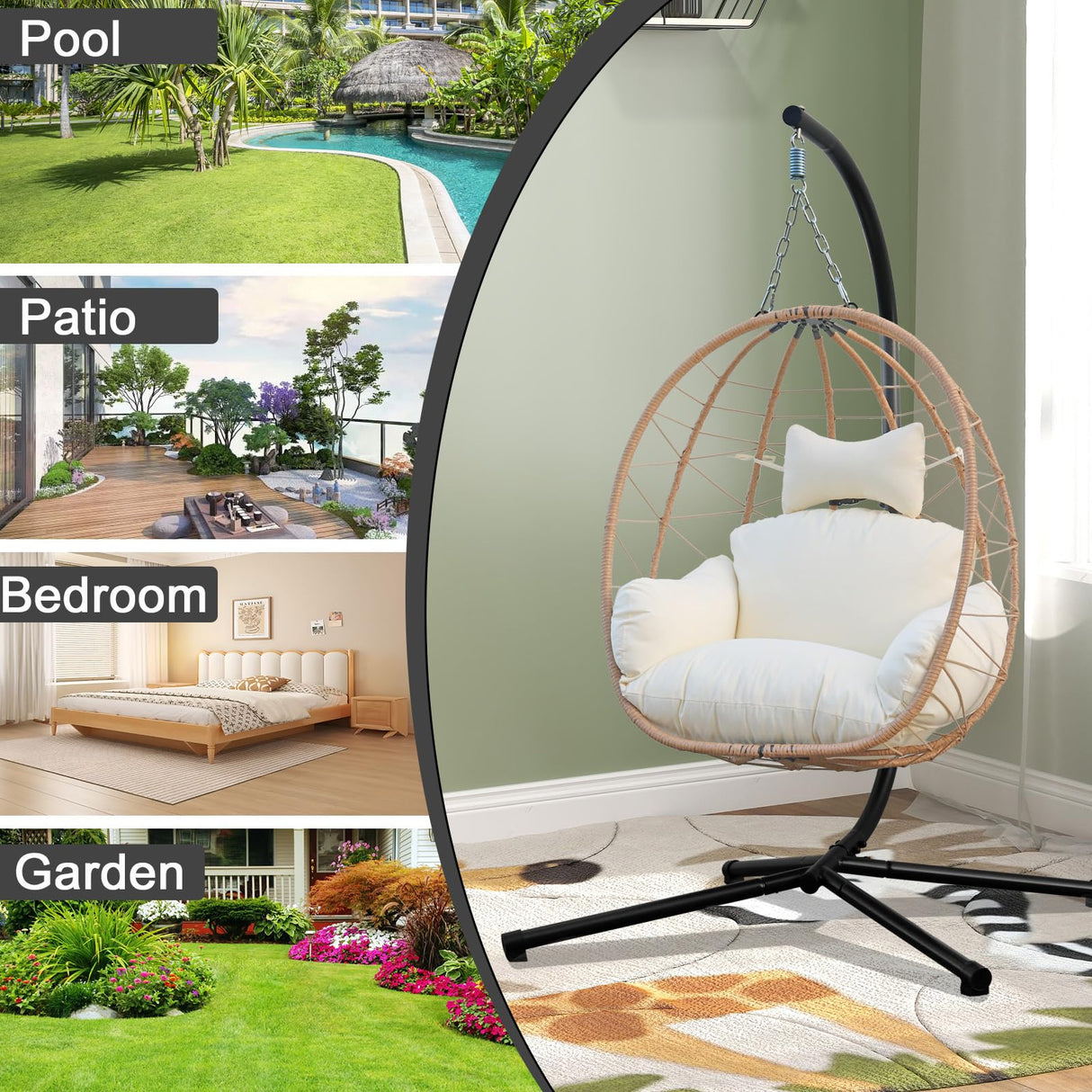 Egg Chair with Stand, Uv-Proof Pe Wicker Hanging Chair for Outdoor Patio, Cushioned Hammock Swing for Bedroom Garden Indoor/Outdoor, Double-Zipper Structure Hanging Egg Chair (Yellow and White) VERASCOT