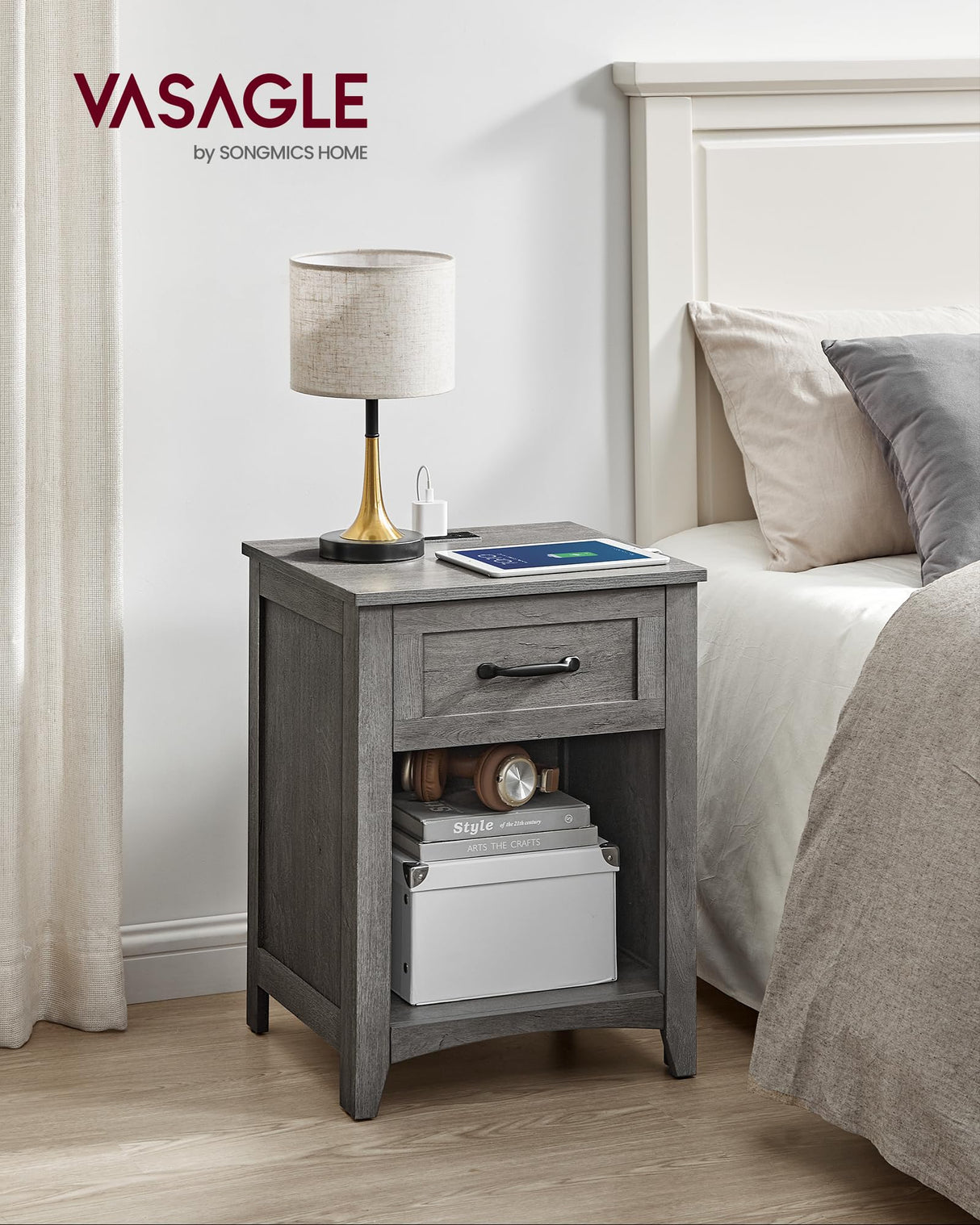VASAGLE Farmhouse Nightstand with Charging Station, Bedside Table with Drawer, Open Compartment, Side Table with Storage, for Bedroom, Misty Gray ULET659G68 VASAGLE