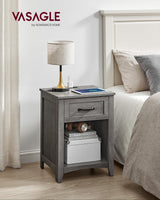 VASAGLE Farmhouse Nightstand with Charging Station, Bedside Table with Drawer, Open Compartment, Side Table with Storage, for Bedroom, Misty Gray ULET659G68 VASAGLE