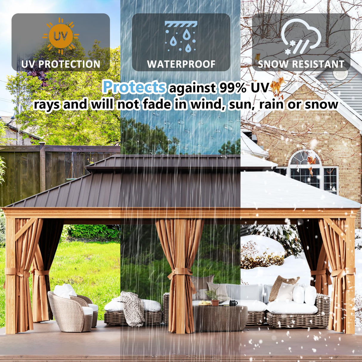 Aoxun 12' x 20' Permanent Gazebo, Wooden Finish Coated Aluminum Frame Canopy with Dual-Layer Galvanized Steel Hardtop Top, Outdoor Metal Pavilion, for Deck, Patio and Backyard Aoxun