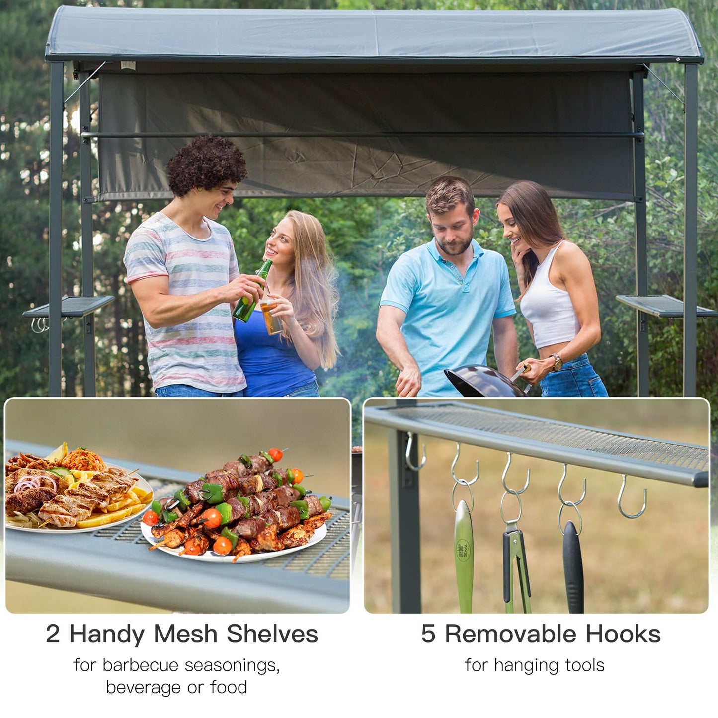 Outsunny 7FT Grill Gazebo BBQ Canopy with Sun Shade Panel Side Awning, 2 Exterior Serving Shelves, 5 Hooks for Patio Lawn Backyard - WoodArtSupply